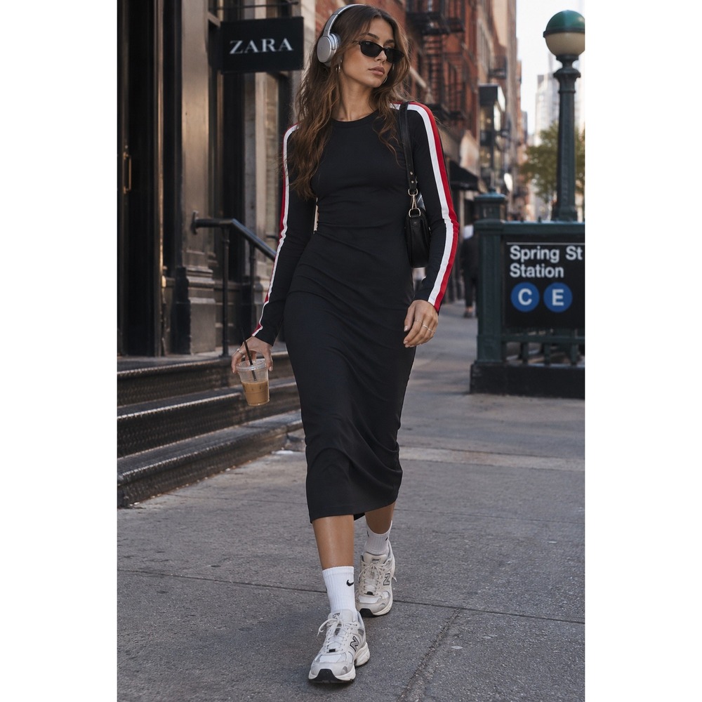 Zara Trafaluc Black Long Sleeve Midi Dress Red White Side Stripe Size M